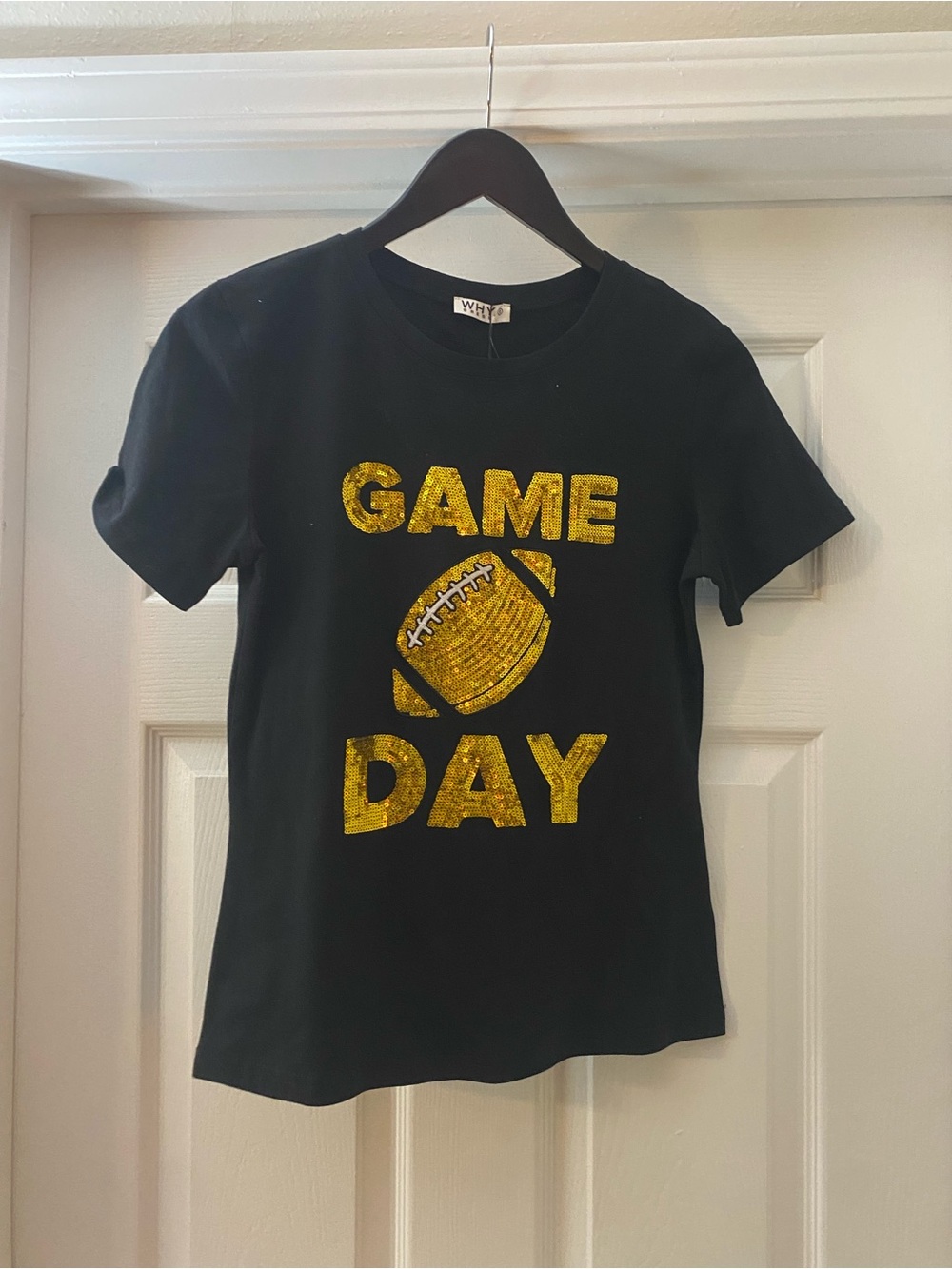 Why Dress. GAME DAY Sequin Football Tee - Black and Gold. Women’s Small.